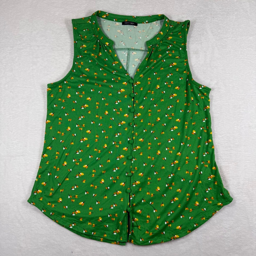Papermoon Womens Green Floral Sleeveless Button Front V-Neck Top Large PT12368-3